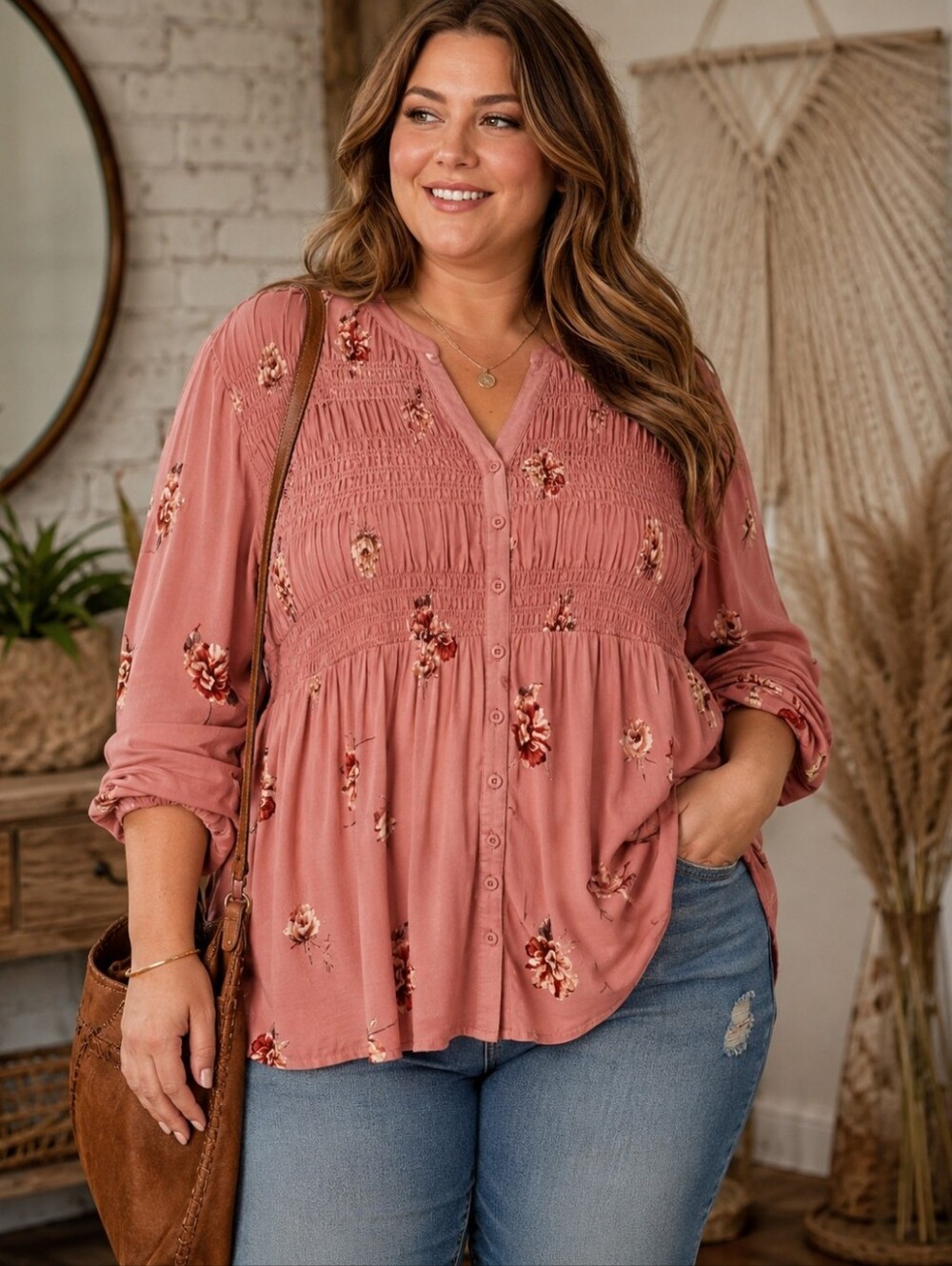 TORRID Dusty Rose Floral Smocked Henley High-Low Tunic Top